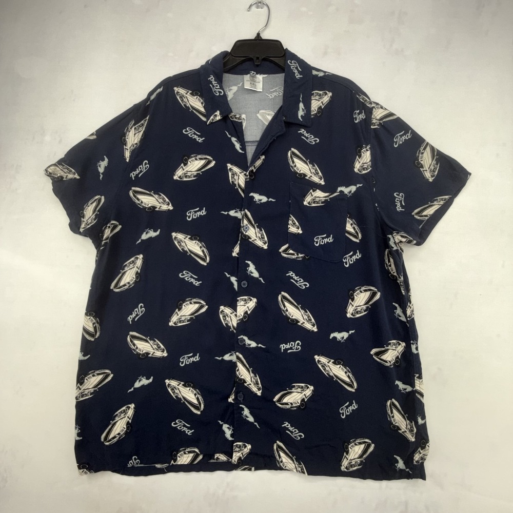 Ford Mustang Mens Camp Shirt XXL Navy Blue Rayon Button Up Car Short Sleeve